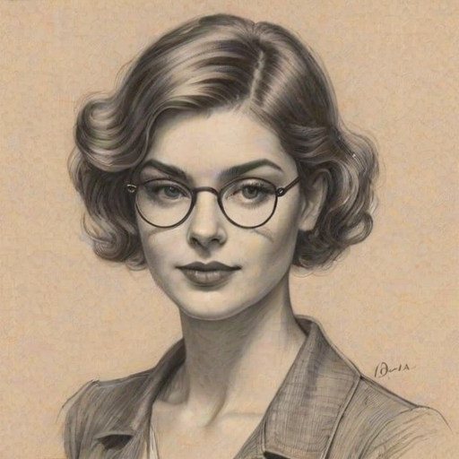Beauteous Annie Murphy, pencil sketch, portrait of Charming woman 1931s in glasses, hair style beatnik, outline, clear lines, fine lines, 8k