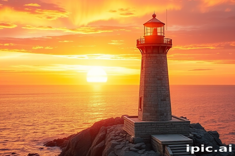 Generate an image of a tall lighthouse perched on a rocky outcrop surrounded by calm ocean waters during a breathtaking sunset. The lighthouse stands sturdy and weathered, its stone surface illuminated by the warm golden light of the setting sun. The sun's rays pass directly through the glass lantern room at the top of the lighthouse, casting a brilliant light across the scene. The sky is painted with vibrant shades of orange, pink, and purple, reflecting off the tranquil sea. The surrounding water shimmers with the same warm hues, creating a serene and majestic atmosphere.
