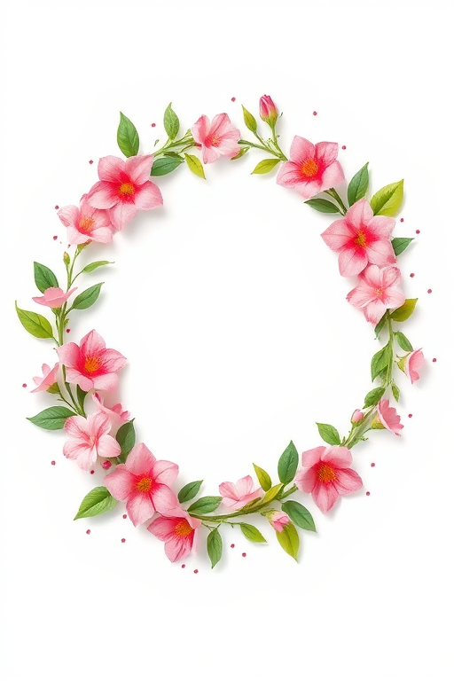Create a detailed illustration of a circular floral wreath composed of pink flowers and green leaves with scattered small dots, using a high-resolution digital illustration style, captured with a Canon EOS R5 at f/4, ISO 100, 1/200 sec, in a soft natural light setting.