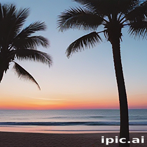 Serene Sunset Over Calm Ocean with Silhouetted Palm Trees in View