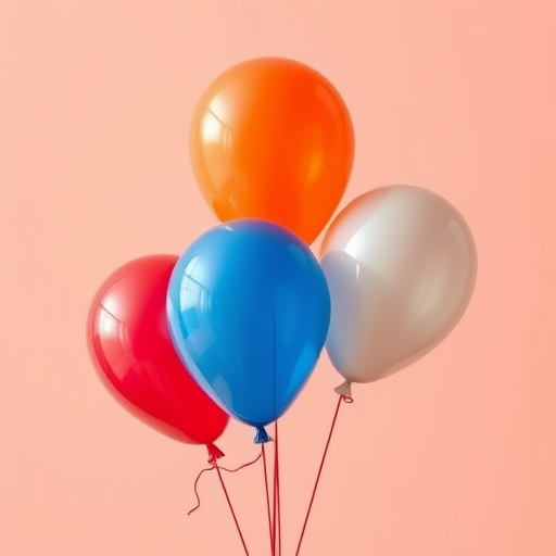 Create a vibrant illustration of three balloons in red, blue, and orange against a plain background, using a Canon EOS R5 with a 50mm lens at f/2.8, ISO 100, 1/200 sec, capturing a close-up view with soft natural lighting to enhance colors and details.