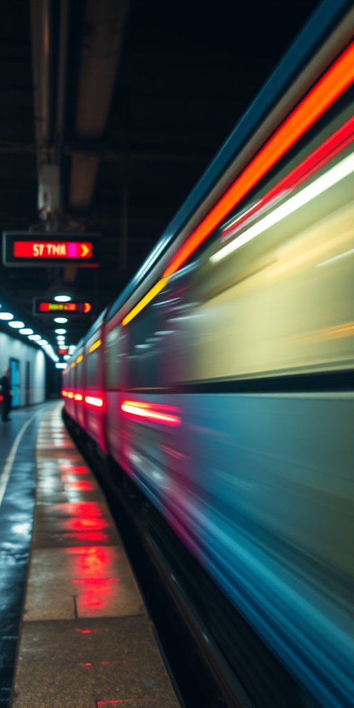 capture a motion blur of a subway train in a dimly lit station reflecting vibrant colors on wet tracks, use a Canon EOS R5, 35mm lens, f/1.8 aperture, shutter speed 1/60s, ISO 800, in low light settings for enhanced detail and depth