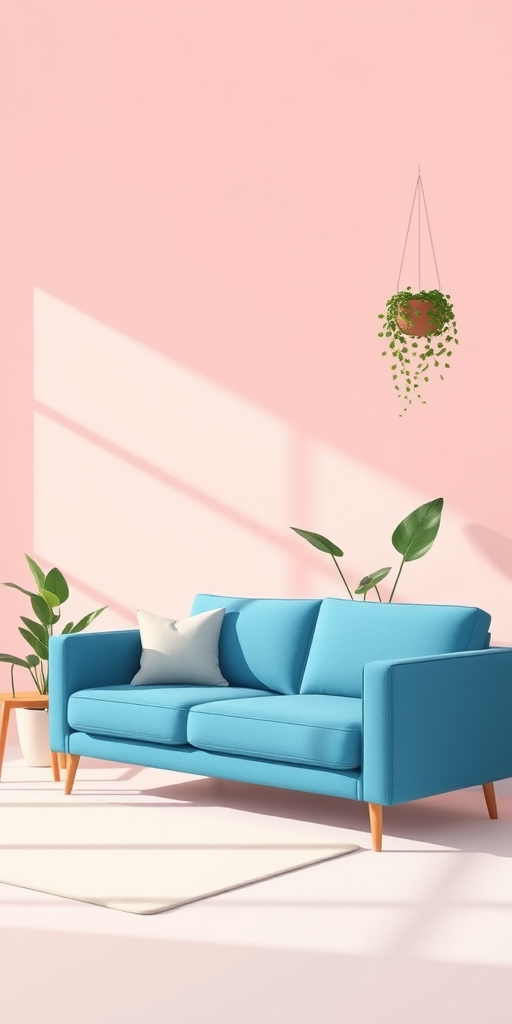 Create a minimalist digital illustration of a modern blue sofa in a bright, airy living space with a pastel pink background, include a potted plant with large leaves beside the sofa, a small side table, and a hanging planter with a trailing plant, use a wide-angle lens, f/2.8 aperture, 24mm focal length, and soft diffused lighting to enhance texture and color vibrancy.
