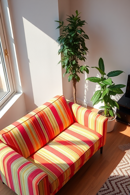 A modern living room scene featuring a vibrant striped sofa and a tall green potted plant, captured with a DSLR camera at f/4, ISO 100, 50mm lens, top-down view, with bright natural lighting to enhance colors and details.