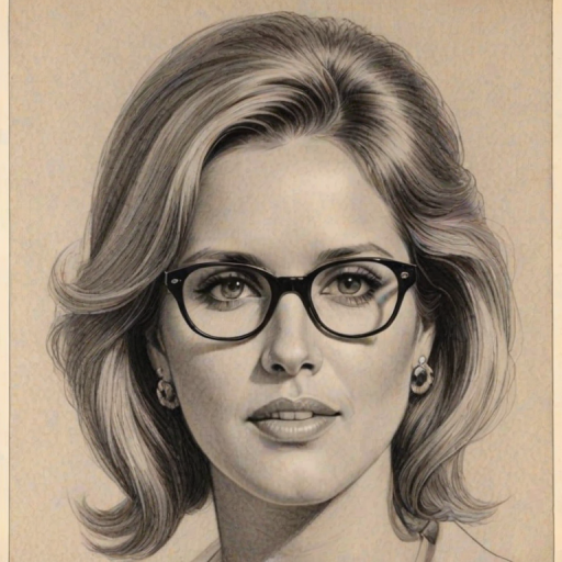 Magnificent Chevy Chase, pencil sketch, portrait of Exquisite woman 1967s in glasses, hair style beatnik, outline, clear lines, fine lines, 8k