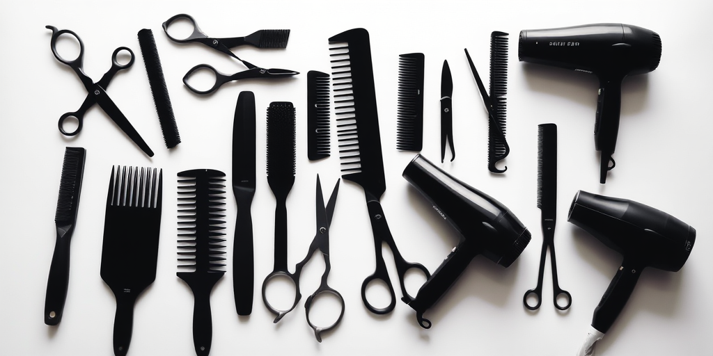 Create a high-contrast silhouette image of various hairdressing tools including combs, brushes, scissors, and hairdryers on a white background, using a Canon EOS R5 camera with a 50mm lens, f/2.8 aperture, ISO 100, and a shallow depth of field for a professional look.