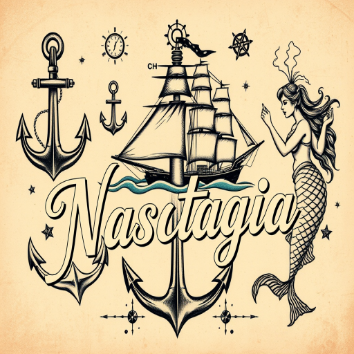 Vintage-inspired tattoo named "Nautical Nostalgia" featuring classic maritime elements like anchors, ships, and mermaids in a muted color palette with distressed effects for an authentic aged appearance
