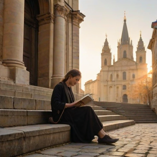 Old European cathedral at dawn, its stone facade bathed in golden light, a woman sits on the steps, sketchbook open on her lap, capturing the ancient architecture.