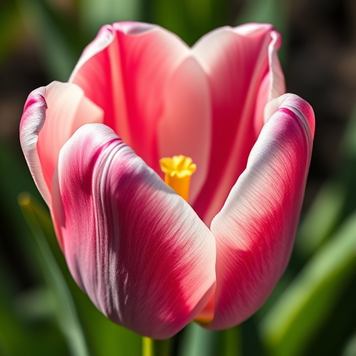 Create a highly detailed botanical illustration of a tulip with realistic shading and intricate lines, captured with a Canon EOS 5D Mark IV at f/5.6, ISO 100, 1/200 sec, in macro view to emphasize texture and detail, using natural lighting to enhance color vibrancy and depth.