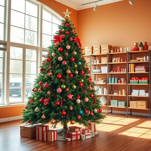 Create an image of a beautifully decorated Christmas tree with colorful ornaments, set in a spacious room with large windows that allow natural light to flood in. The walls should be painted in a warm color, and in the background, there should be shelves stacked with festive decorations and supplies. The floor should be a polished wood, enhancing the cozy holiday atmosphere.