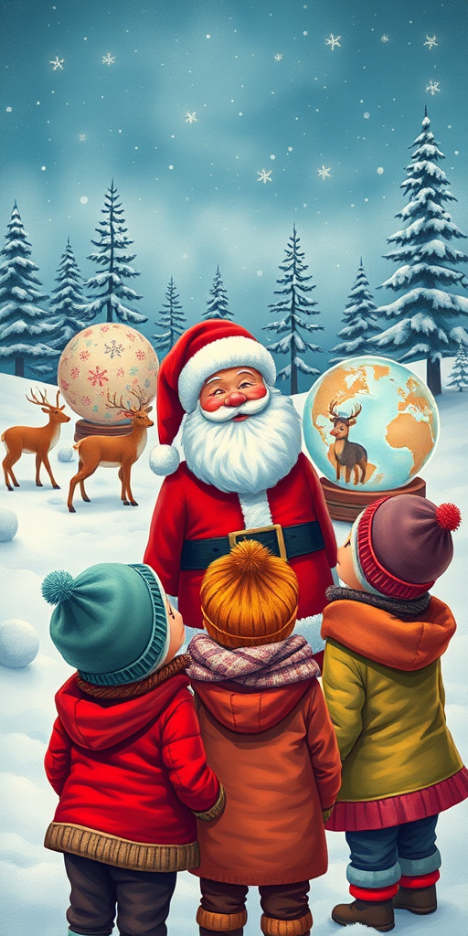 Create a festive winter scene featuring a cheerful Santa Claus in a snowy landscape. Include three children wearing colorful winter outfits with scarves, looking towards Santa. Add playful deer in the background and a large globe decorated with holiday motifs. The sky should be filled with stars, and there should be trees dotting the landscape.