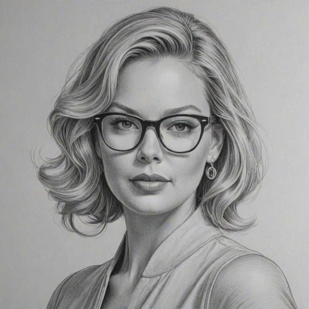 Bewitching Katherine Heigl, pencil sketch, portrait of Ravishing woman 1966s in glasses, hair style beatnik, outline, clear lines, fine lines, 8k