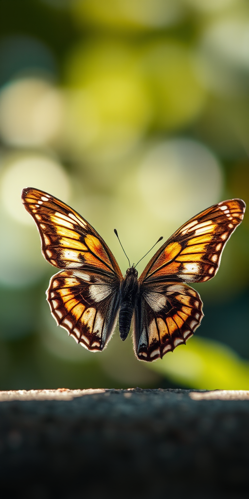 Generate an image of a butterfly perched on a surface, showcasing intricate patterns and colors on its wings, with a softly blurred natural background. The lighting should highlight the texture and details of the butterfly's wings, creating a serene and beautiful atmosphere.