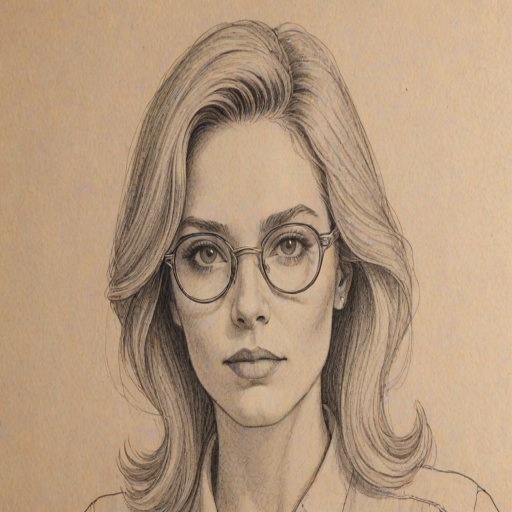 Bewitching Eli Goree, pencil sketch, portrait of Wonderful woman 1972s in glasses, hair style beatnik, outline, clear lines, fine lines, 8k