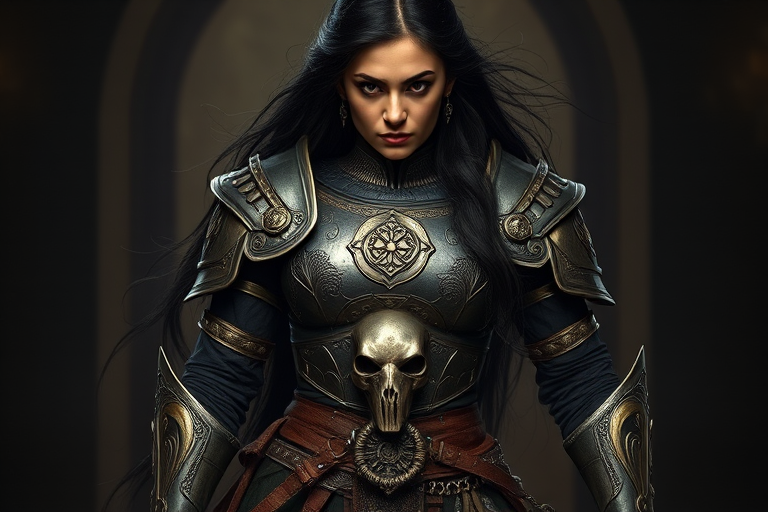 Create a photo of a fierce Afghan female warrior with long black hair, wearing an ornate, metallic armor. The armor includes a breastplate with intricate designs, shoulder guards, and gauntlets. The breastplate is decorated with a central emblem, possibly representing a mythical symbol, and has a sculpted, form-fitting design. She wears a belt with a large skull ornament at the center, and her armor extends into a partial skirt, revealing one leg. The overall look is both protective and stylish, with a dark, gothic aesthetic. The background is dimly lit, suggesting a medieval or fantasy setting, enhancing the warrior's imposing presence and intense expression.