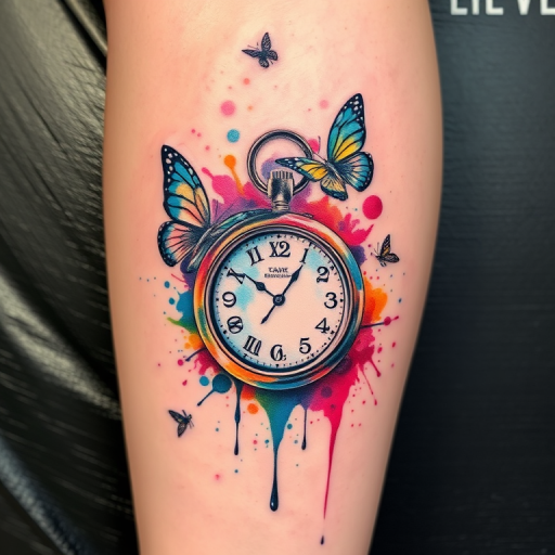 Surrealist watercolor tattoo on the calf, portraying a melting pocket watch surrounded by floating butterflies and abstract paint splatters in vibrant rainbow hues