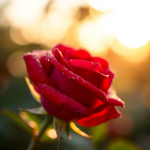 Close-up of a dewy red rose petal with bokeh background, soft focus, golden hour lighting, DSLR camera, f/2.8 aperture, 100mm lens, 1/200 second shutter speed, ISO 200, natural light.