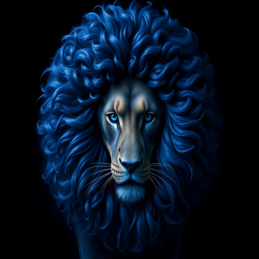Majestic indigo lion mane known as Midnight Mane featuring voluminous curls and coils styled in a gravity-defying spherical shape resembling a regal cosmic feline
