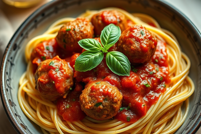 A close-up shot of spaghetti and meatballs in a deep bowl, with a rich marinara sauce, topped with fresh basil and a drizzle of olive oil, natural lighting, DSLR camera, 50mm lens, f/2.8 aperture, ISO 100, shot from above.