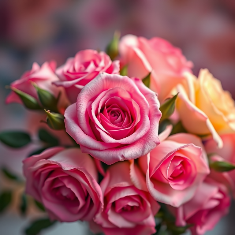 Regenerate a vibrant bouquet of roses in a soft pastel color palette with a blurred, dreamy background, using a Canon EOS R5 with a 50mm f/1.2 lens, aperture set to f/2.8, and a macro perspective for intricate detail, capturing high dynamic range and vivid colors.