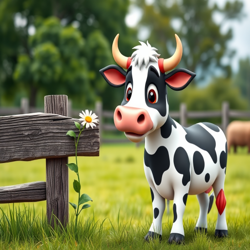 Generate a high-quality image of a cartoon cow next to a wooden fence with a flower, set in a rural landscape with trees in the background, use a DSLR camera, aperture f/2.8, shutter speed 1/500s, ISO 100, focus on the cow with a slightly blurred background for depth of field.