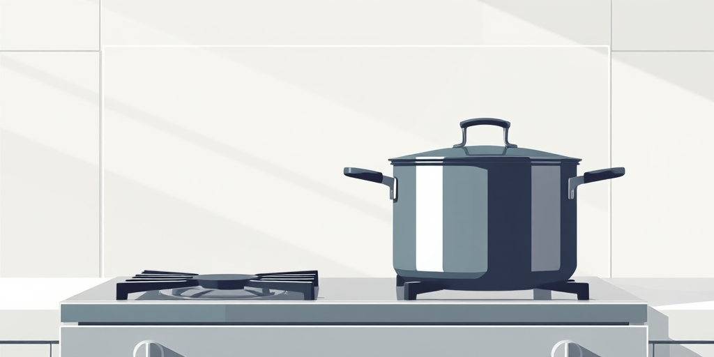 Create a high-resolution vector illustration of a modern stove and pot with a focus on clean lines and minimalistic design, angled view, using a professional digital camera with a 50mm lens at f/2.8, ISO 100, with natural soft lighting to enhance shadows and highlights.