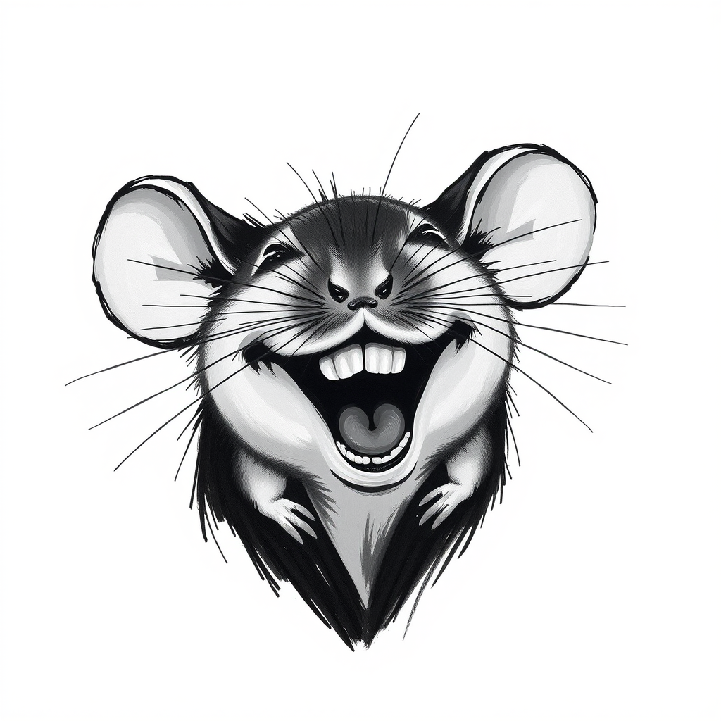 Abstract black and white acrylic portrait of an over exaggerated laughing (mouse). Minimalism style. White background.