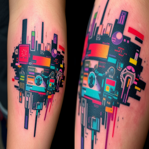 Glitch art tattoo named "Digital Dissonance" incorporating pixelated elements and distorted imagery to create the illusion of a digital malfunction on the skin, using bold colors and sharp contrasts