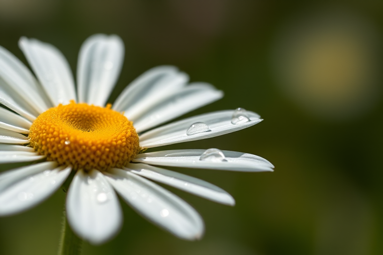 Close-up of a single daisy with dew drops on petals, soft focus background, natural light, aperture f/2.8, 50mm lens, shutter speed 1/200 sec, macro photography style, DSLR camera.