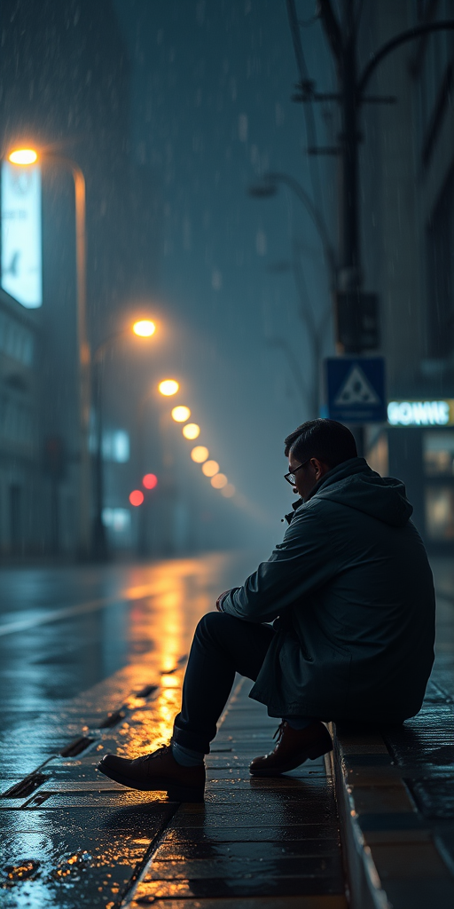 A solitary man sitting on a wet street during a rainstorm, wearing a jacket, with streetlights reflecting off the pavement, captured using a Canon EOS R5, 50mm lens at f/1.8, ISO 400, shutter speed 1/200s, low angle view for dramatic effect, moody atmosphere.