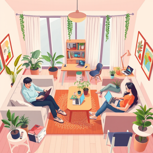 Create an illustration of four people working on laptops in a cozy home environment, two seated on couches, one on a chair at a desk, and one lounging, with indoor plants and various tech devices, in a bright and inviting color palette, using a DSLR camera with a 35mm lens, aperture f/2.8 for soft background, ISO 100 for clarity, shot from an eye-level view to capture interaction and ambiance.