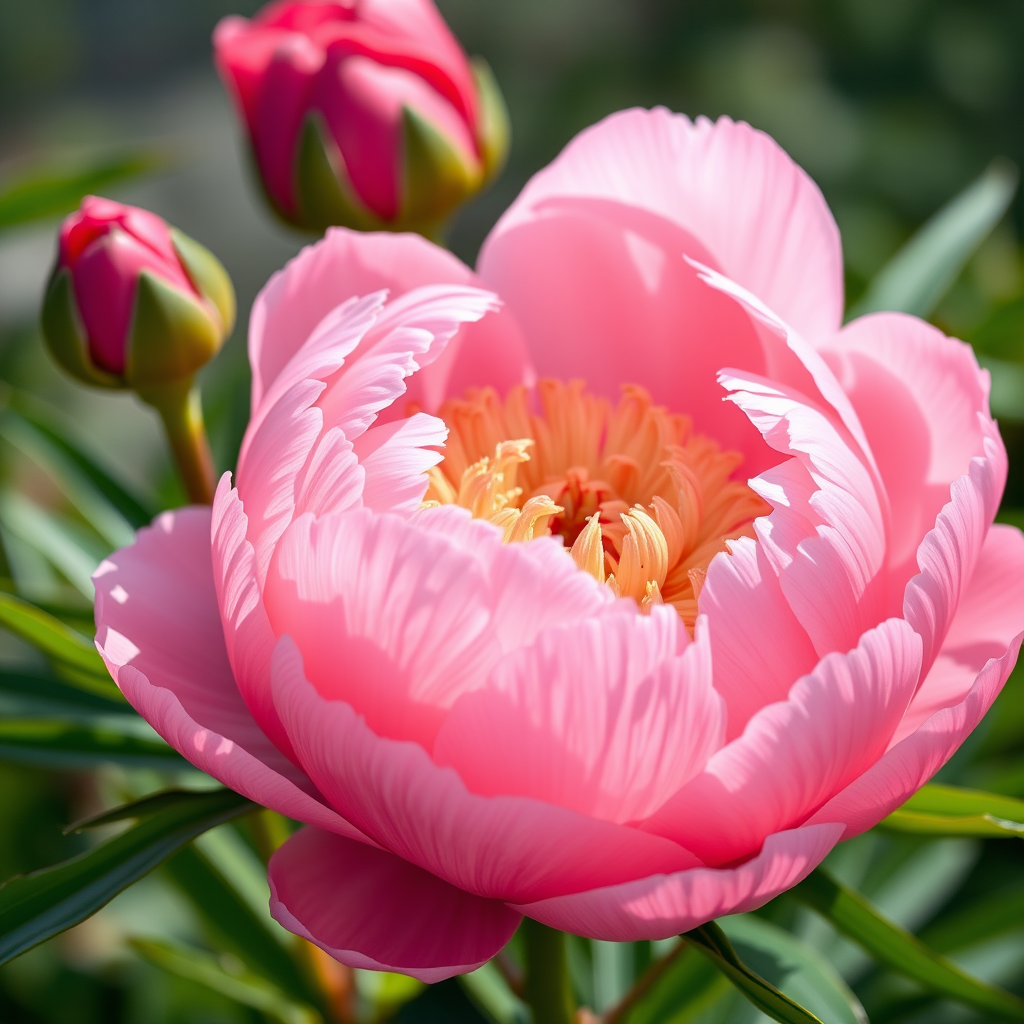 Create a hyper-realistic image of a blooming pink peony with lush green leaves and a budding flower in the background, captured with a Canon EOS R5, 100mm f/2.8 macro lens, ISO 100, aperture f/8, shot in natural light to enhance detail and color vibrancy.