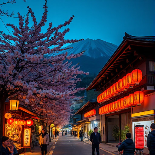 Create a vibrant night scene of a traditional Japanese street with a majestic mountain in the background, featuring blooming cherry blossoms, glowing lanterns, and a bustling marketplace, captured with a Canon EOS R5, 24mm lens, f/2.8, ISO 400, and a long exposure setting to enhance light trails and color saturation.
