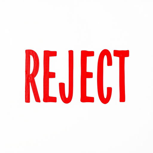 Create an image of the word "REJECT" in bold red letters on a plain white background, using a DSLR camera with a 50mm lens, aperture set to f/2.8, ISO 100, at a center-focused view, capturing high resolution with sharp detail and minimal noise.