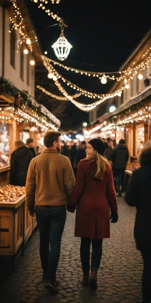 Blurry, candid shot of a couple walking hand-in-hand through a crowded Christmas market, soft glow from string lights illuminating their faces, the smell of roasted chestnuts and mulled wine in the air, and the feeling of holiday joy.