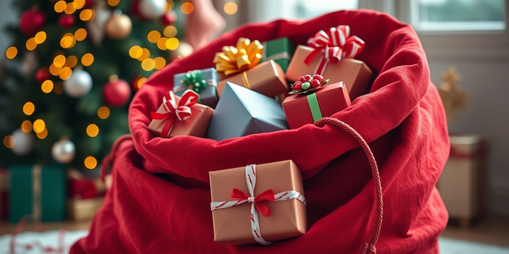 Create a high-resolution image of a festive red Christmas sack overflowing with beautifully wrapped presents in various colors, shot with a DSLR camera at f/2.8 aperture, 50mm lens, in natural light to enhance details and textures, with a shallow depth of field and a soft bokeh background.