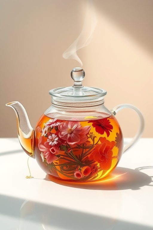Create a high-resolution illustration of a glass teapot filled with floral tea, steam rising gently, soft neutral background, use a Canon EOS R5 with a 50mm f/1.2 lens, aperture at f/2.8, ISO 100, focus on the teapot with a slight reflection on a smooth surface, natural lighting for a warm ambiance.