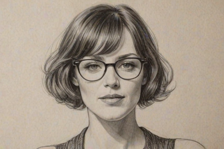 Wonderful Rosemarie DeWitt, pencil sketch, portrait of Attractive woman 1921s in glasses, hair style beatnik, outline, clear lines, fine lines, 8k