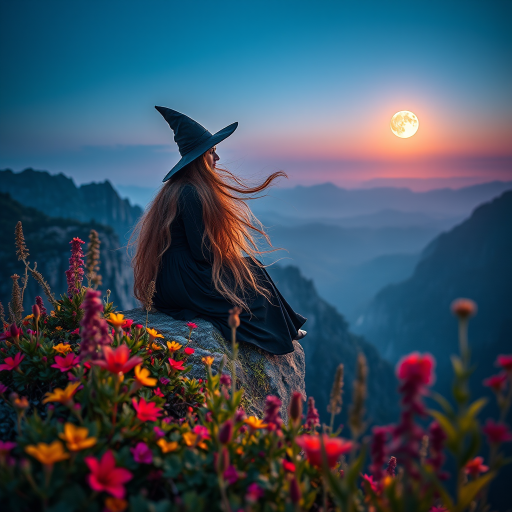 create a mystical landscape featuring a witch with flowing hair sitting on a cliff at twilight surrounded by vibrant flora, moonlit mountains in the background, use a Canon EOS R5, 50mm lens, f/1.8, ISO 100, HDR photography style for enhanced detail and color depth