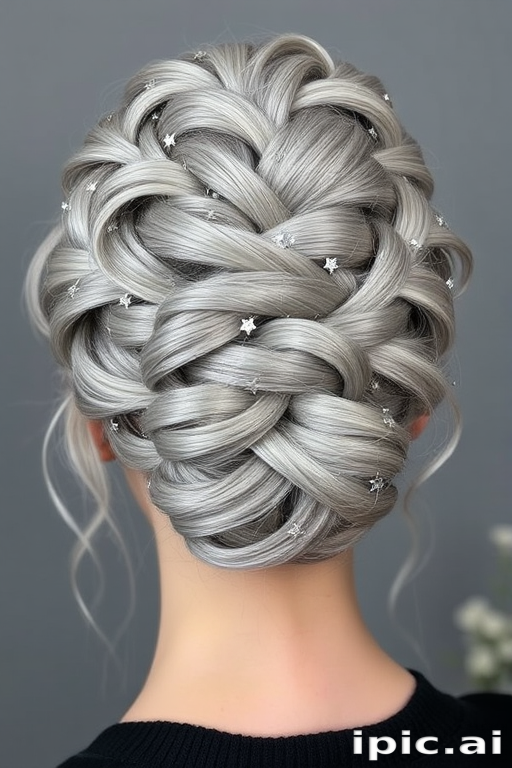 Silvery gray hair artfully arranged in an intricate updo featuring twisting braids and shimmering, star-shaped accessories, capturing the essence of the "Celestial Crown" style