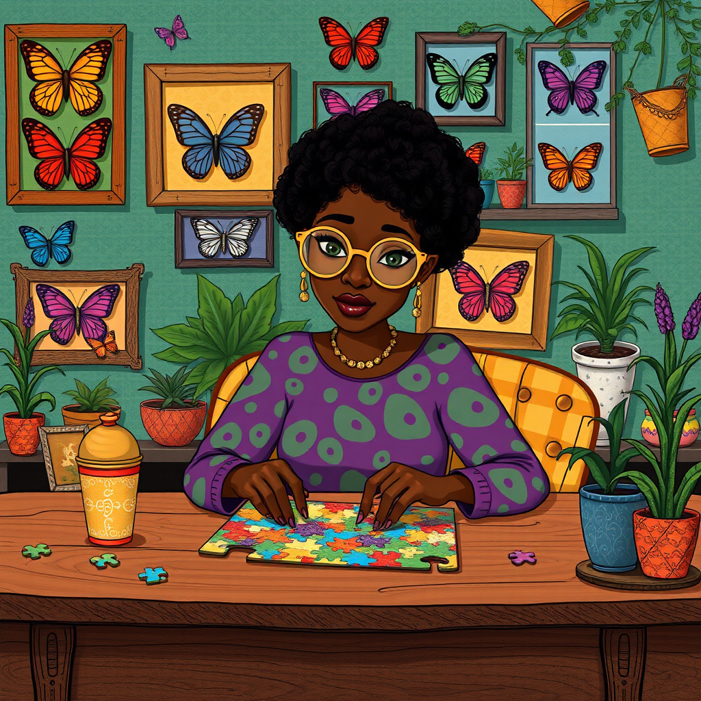A vibrant and whimsical illustration of an african american woman sitting at a table working on a colorful jigsaw puzzle. she is wearing round glasses, and patterned clothing in shades of purple and green.  The background features an eclectic collection of framed butterflies, potted plants, and other natural elements, creating a warm and inviting atmosphere. The style is playful and modern, with rich textures, intricate details, and a lively color palette.