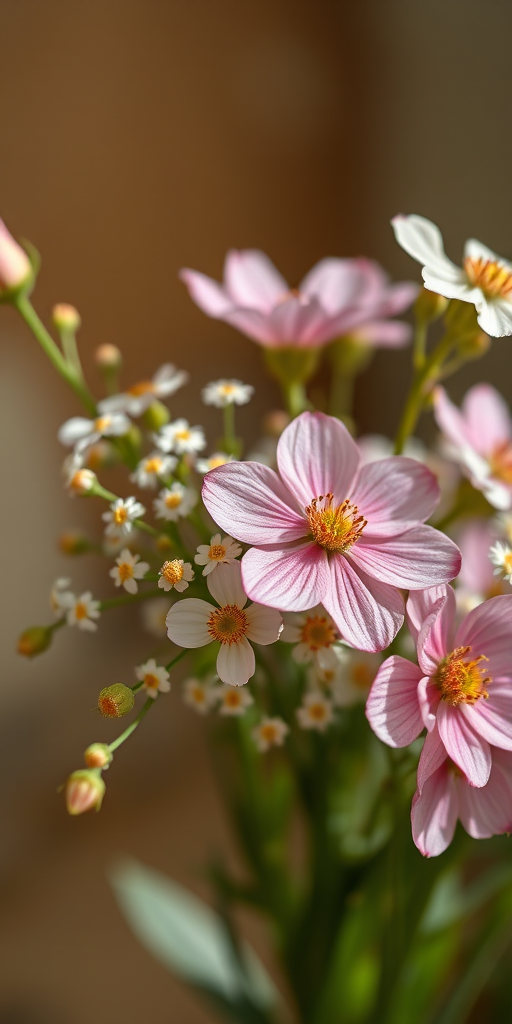 Generate a high-resolution illustration of a bouquet of delicate flowers, using a Canon EOS R5 camera, 50mm lens, f/1.8 aperture, ISO 100, natural light, soft focus background.