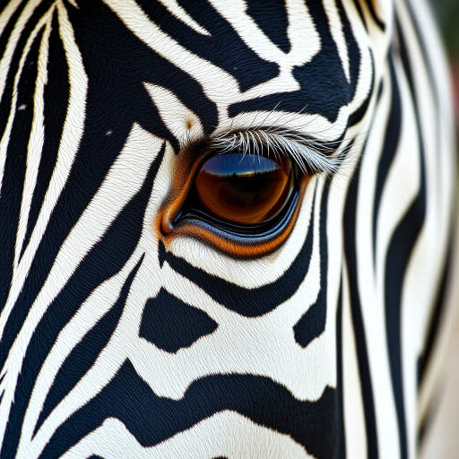Close-up of a zebra’s face, focusing on its eye. The zebra’s distinctive black and white stripes are prominent, with its large brown eye showing detailed lashes and a slight reflection. The texture of the zebra’s skin and fur is visible, creating a sharp contrast between the dark and light stripes.