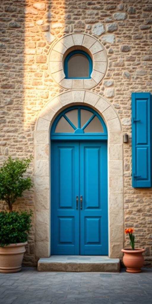 a rustic stone wall with an arched window and blue shuttered doors, soft natural lighting, 50mm lens, f/2.8 aperture, ISO 100, shot from eye level with a shallow depth of field, DSLR camera