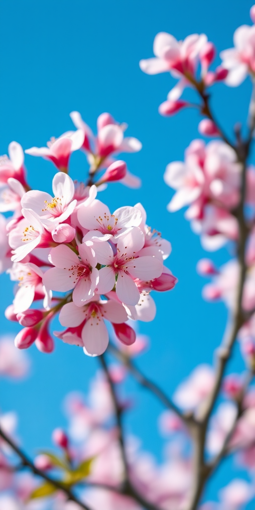 close-up of cherry blossom flowers against a clear blue sky, shot with a DSLR camera, aperture f/2.8, shutter speed 1/500s, ISO 100, using a 50mm lens, natural lighting, shallow depth of field