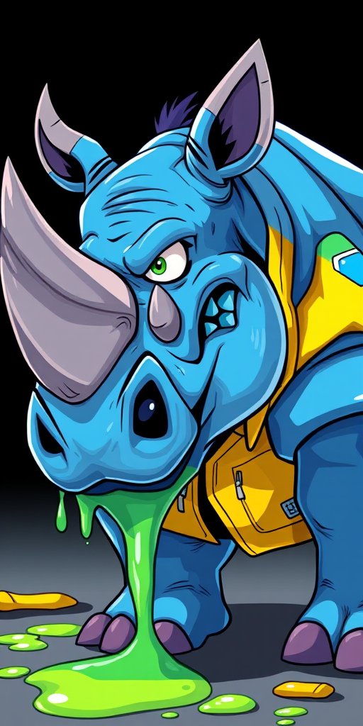 Create an illustration of a blue rhinoceros monster with a mischievous expression, wearing a bright yellow jacket, dripping with colorful slime, in a cartoon style, shot from a low angle with a DSLR camera at f/2.8, ISO 100, 50mm lens, with vibrant colors and high contrast.
