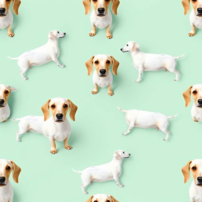 Create a seamless pattern design featuring white dachshunds on a mint green background, using a high-resolution digital camera at f/8 aperture, 1/125 shutter speed, with a 50mm lens in overhead view, taken with a DSLR camera for sharp image quality.