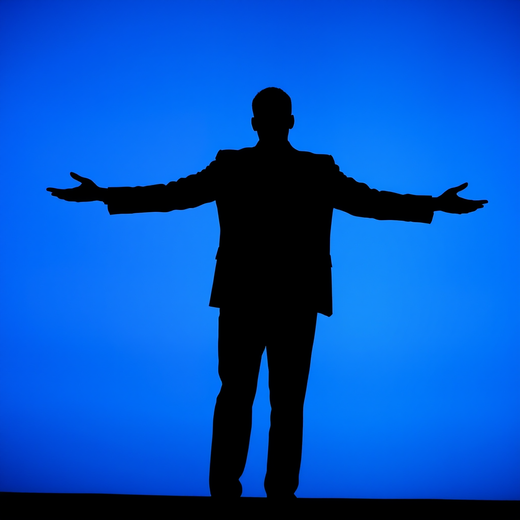 Create a silhouette of a man in a suit with arms outstretched against a gradient blue background, using a DSLR camera with a 50mm lens at f/2.8, ISO 200, and a shallow depth of field for enhanced clarity and focus on the figure.