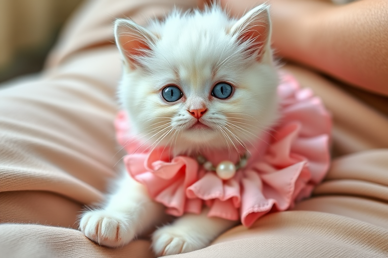 Fluffy white kitten with big blue eyes wearing a cute pink outfit with ruffles and a pearl detail, posing playfully while lying on a person's lap, soft background and cozy atmosphere.