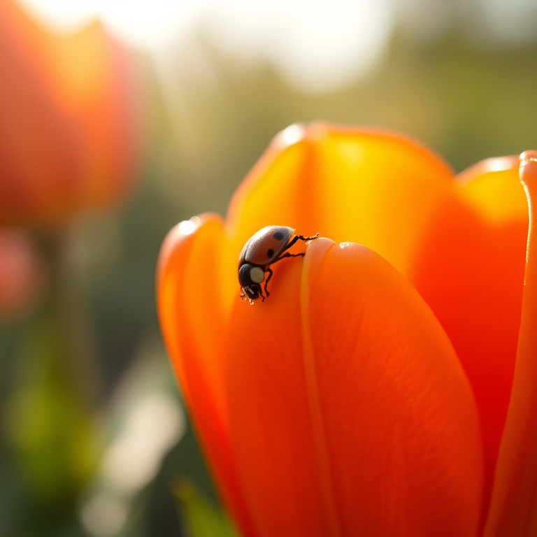 Sharp, high-resolution close-up of a ladybug perched on a vibrant orange tulip, soft sunlight filtering through the petals, with tiny dew drops clinging to the flower.